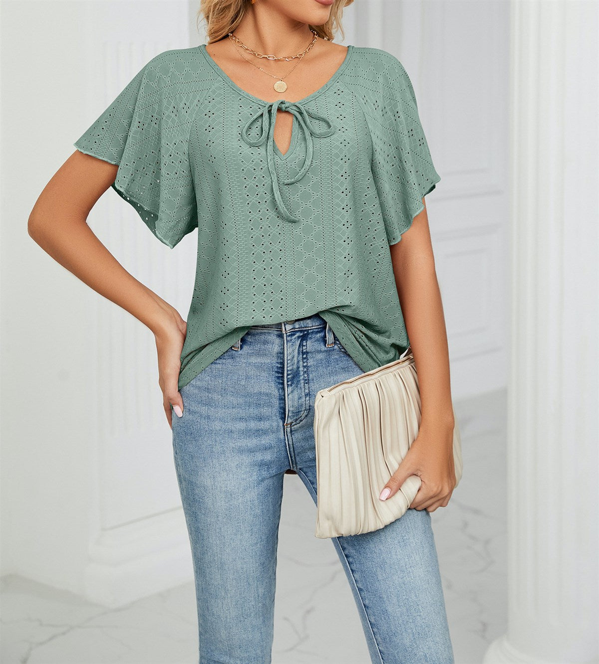 Butterfly Sleeve Eyelet Bow Top