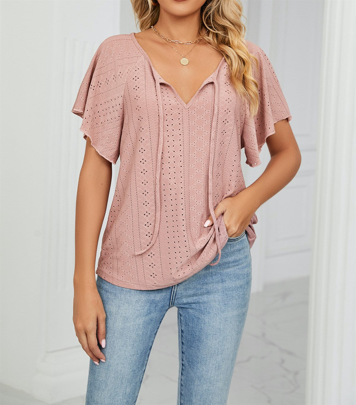 Butterfly Sleeve Eyelet Bow Top