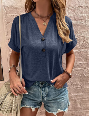 Buttoned V Neck Cuffed Sleeve Top