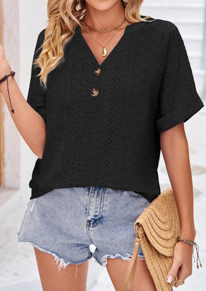 Buttoned V Neck Eyelet Cuffed Sleeve Top