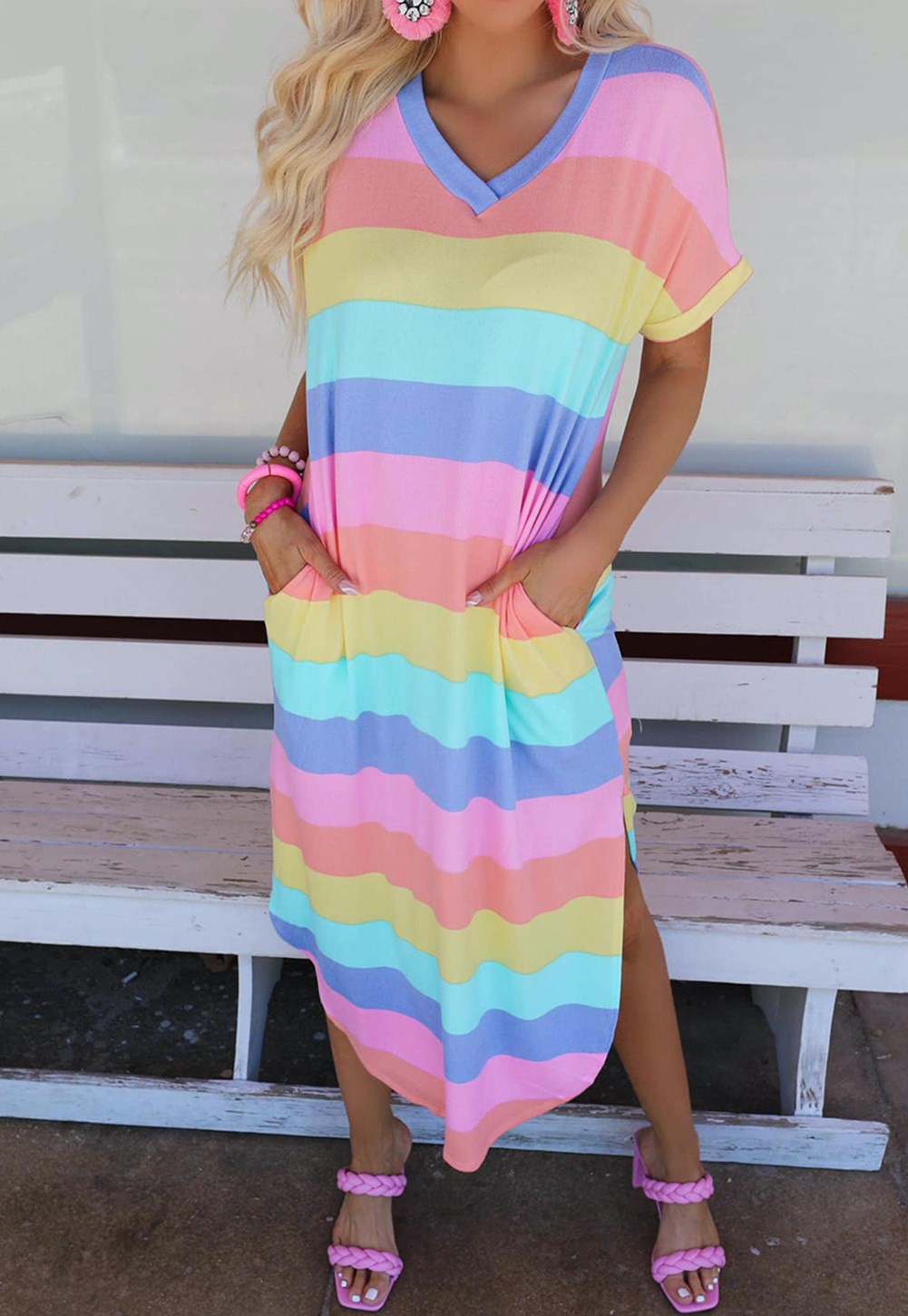 Colorful Striped Pocket Maxi V Neck Dress