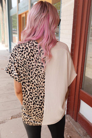 Contrast Leopard Colorblock V Neck Top