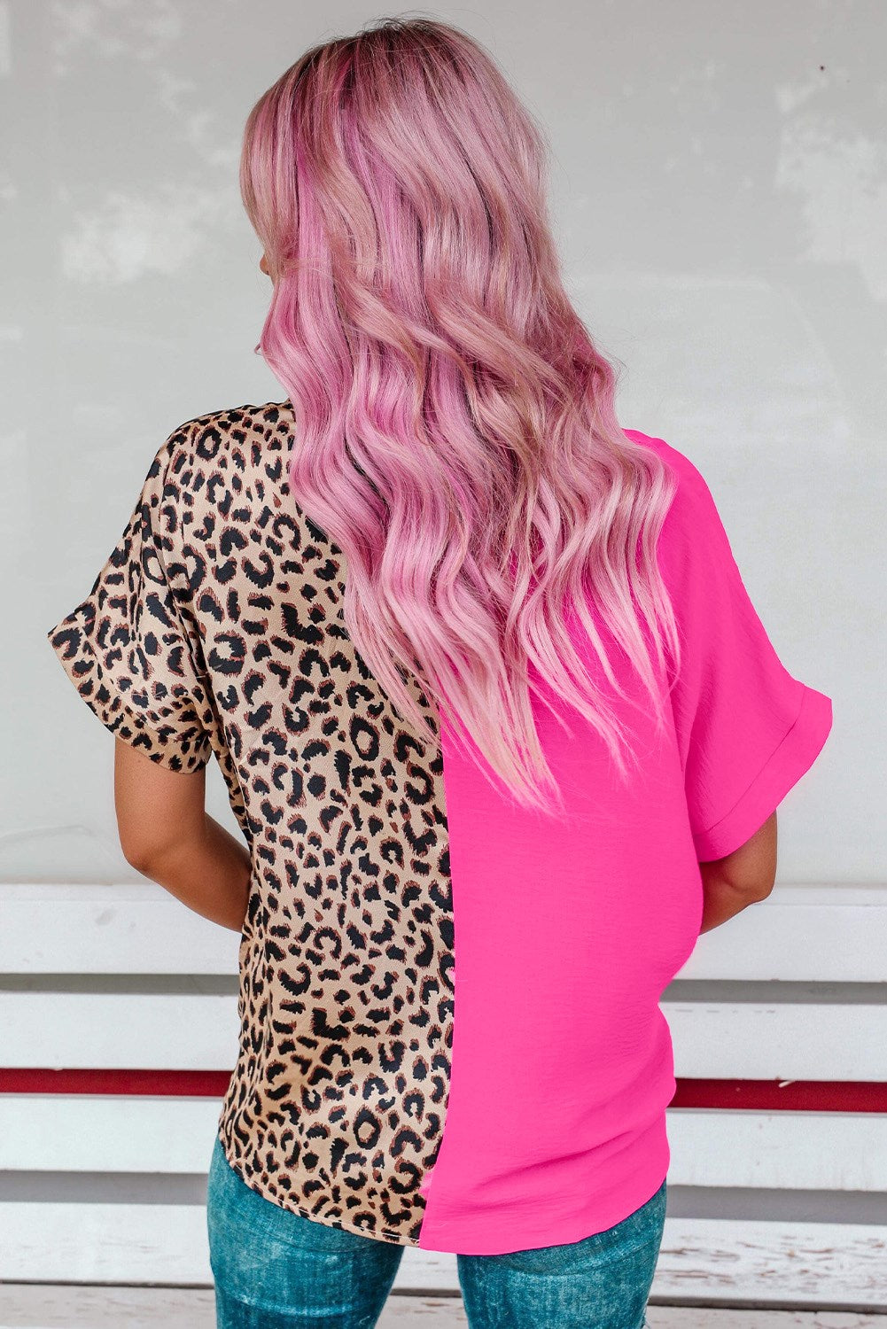 Contrast Leopard Colorblock V Neck Top