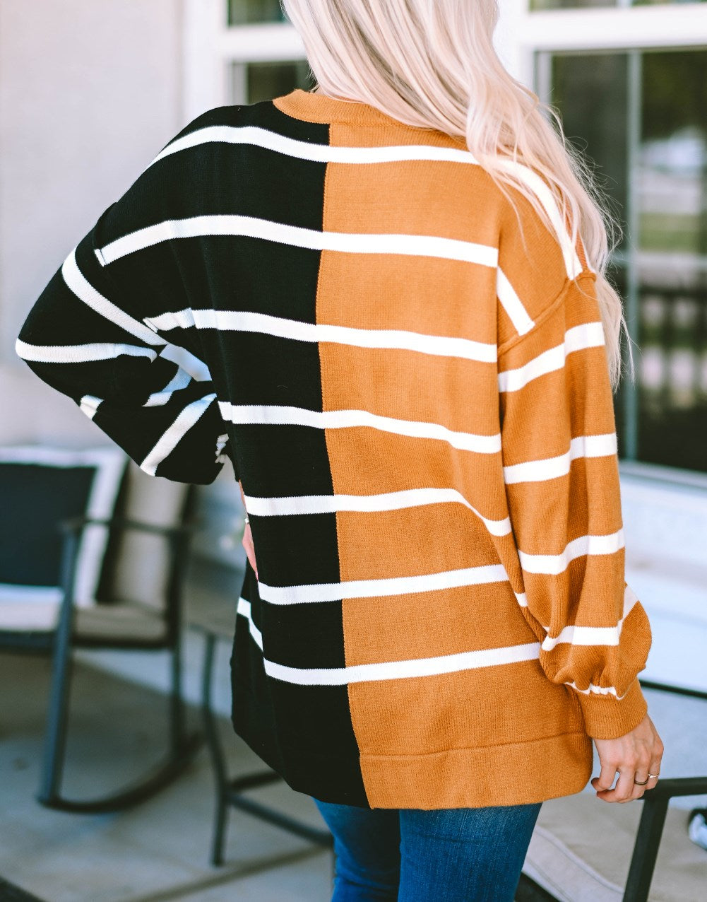 Contrasting Stripe Colorblock Drop Shoulder Pullover