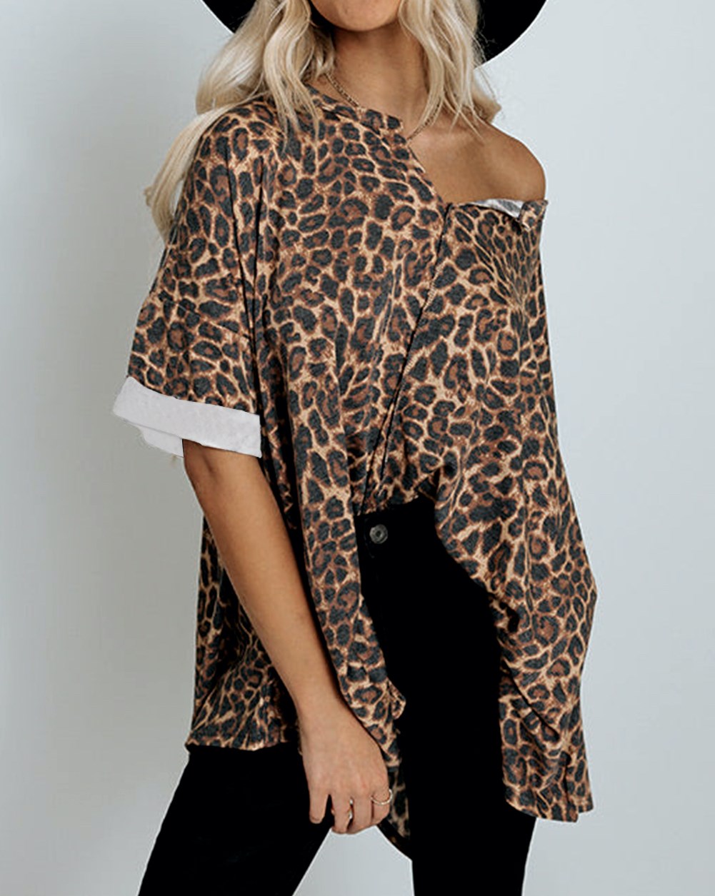 Cuffed Sleeve Leopard Tunic Top