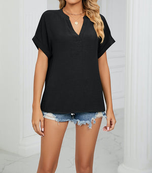 Cuffed Sleeve Textured V Neck Top