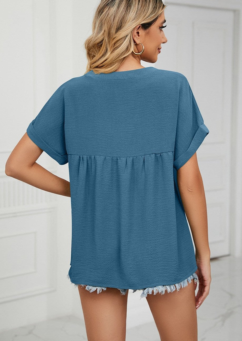 Cuffed Sleeve Textured V Neck Top