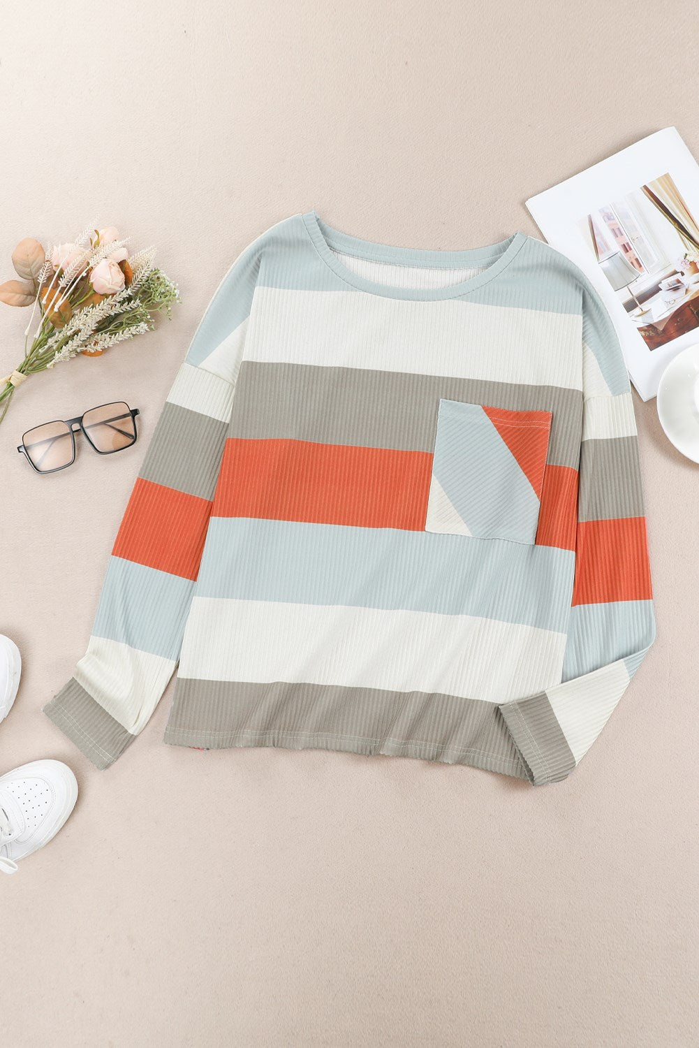 Diagonal Stripe Pocket Ribbed Top