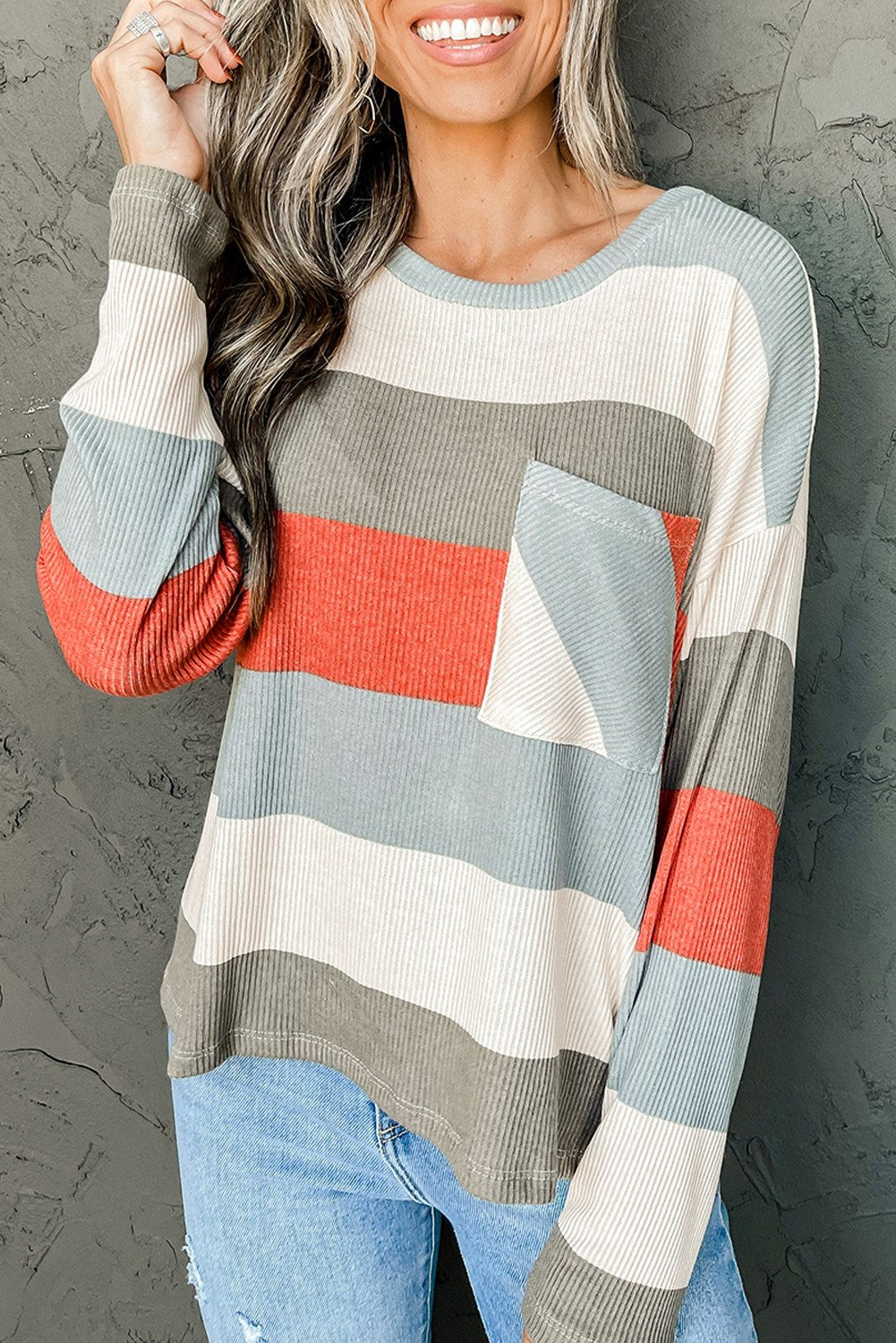 Diagonal Stripe Pocket Ribbed Top