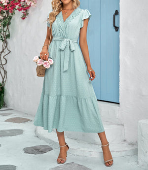 Dot Lace Flutter Sleeve Midi Dress