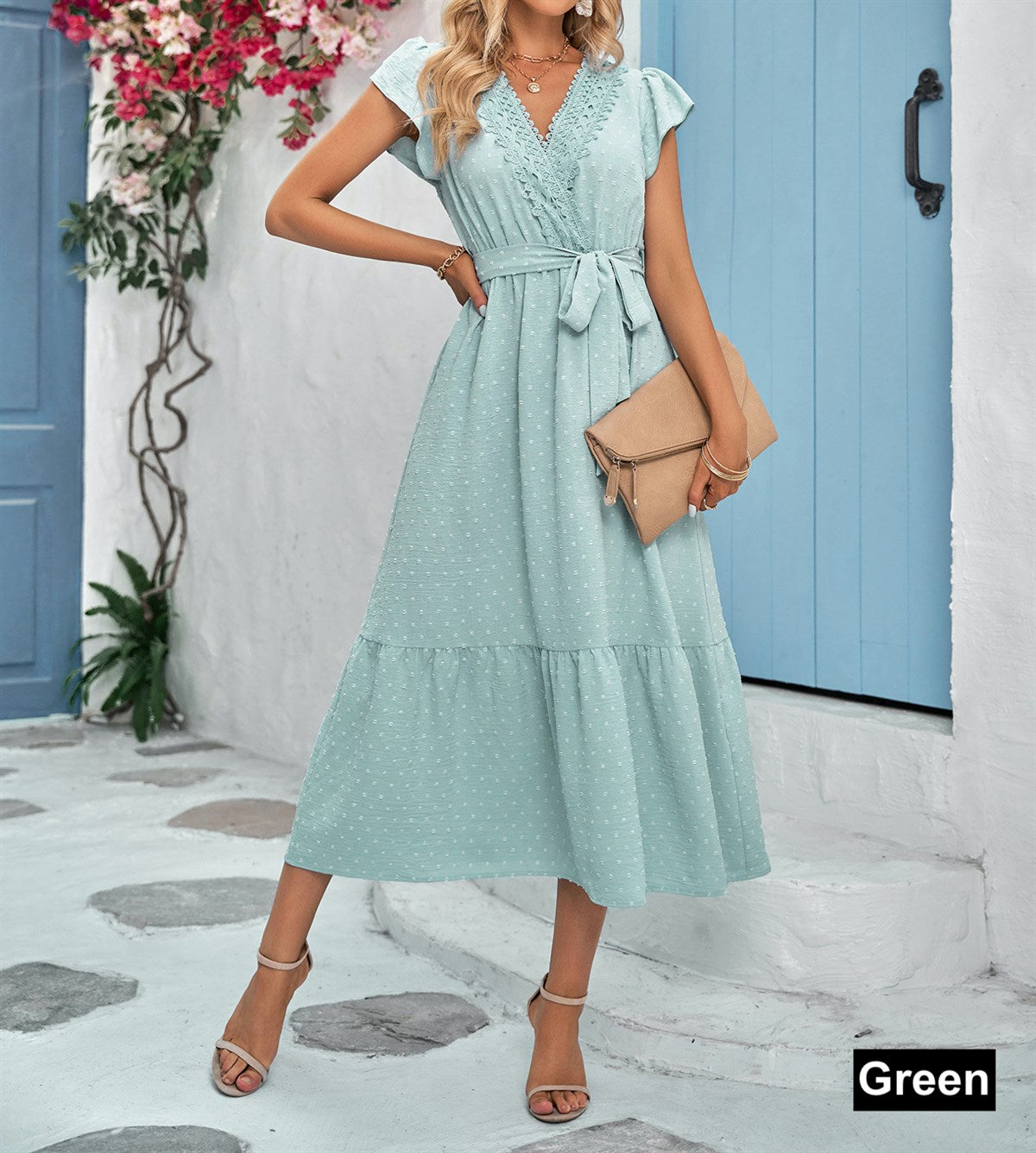 Dot Lace Flutter Sleeve Midi Dress