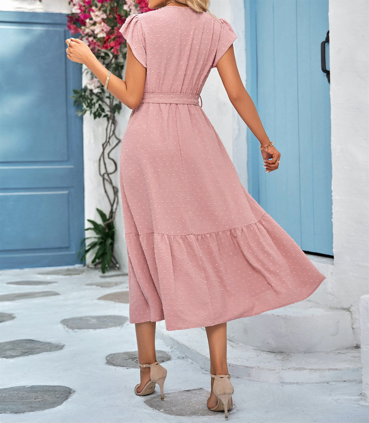 Dot Lace Flutter Sleeve Midi Dress