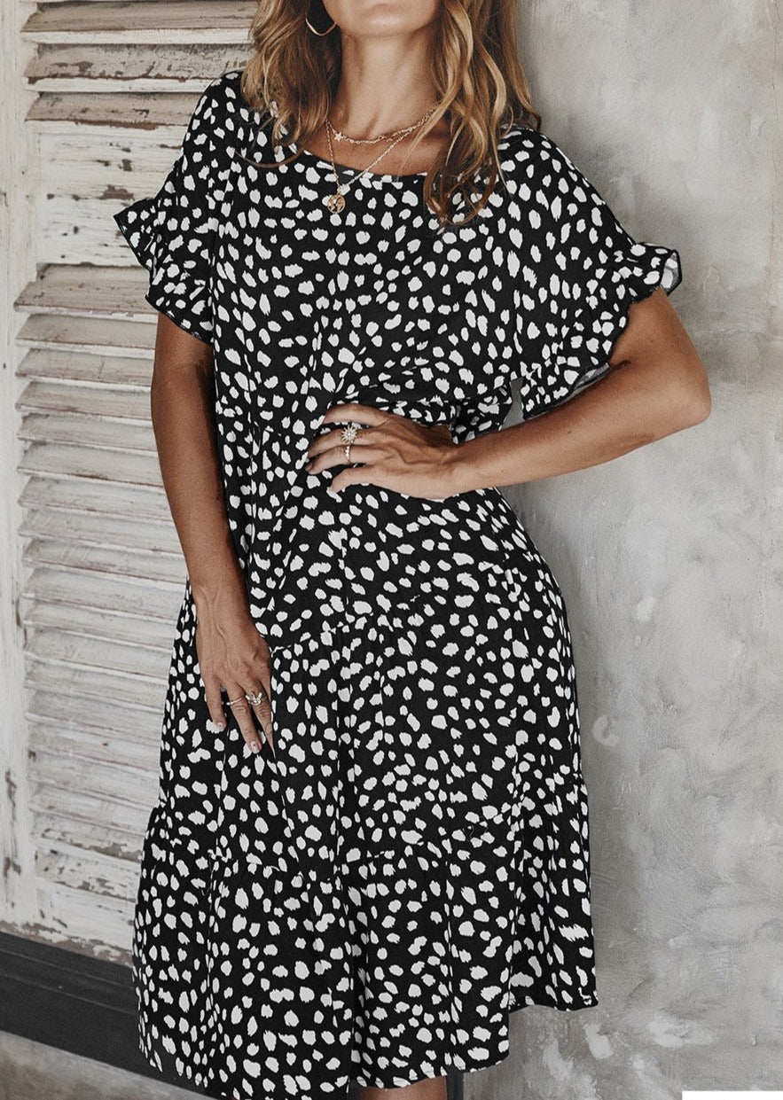 Dotted Ruffled Sleeve Tier Dress