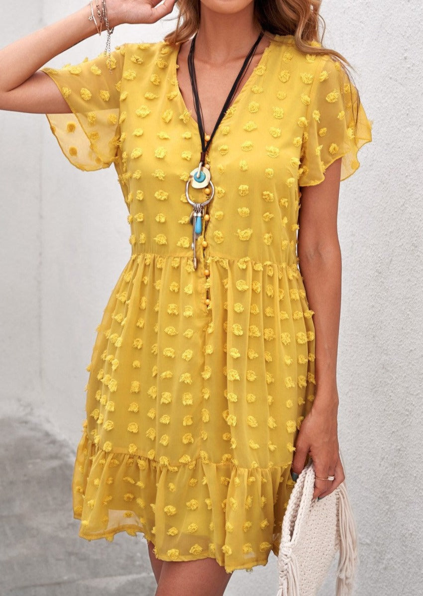 Dotted V-Neck Ruffle Dress