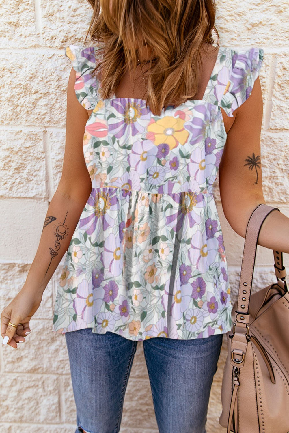 Dream Garden Ruffled Sleeve Gathered Tank Top