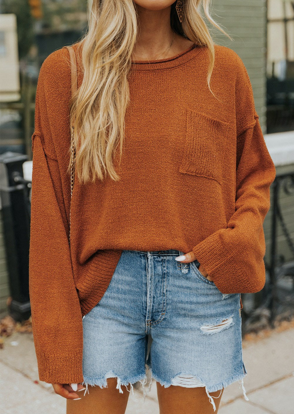 Drop Shoulder Cinnamon Knit Top