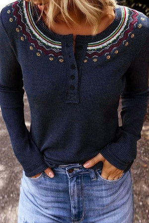 Embroidered Navy Waffle Top