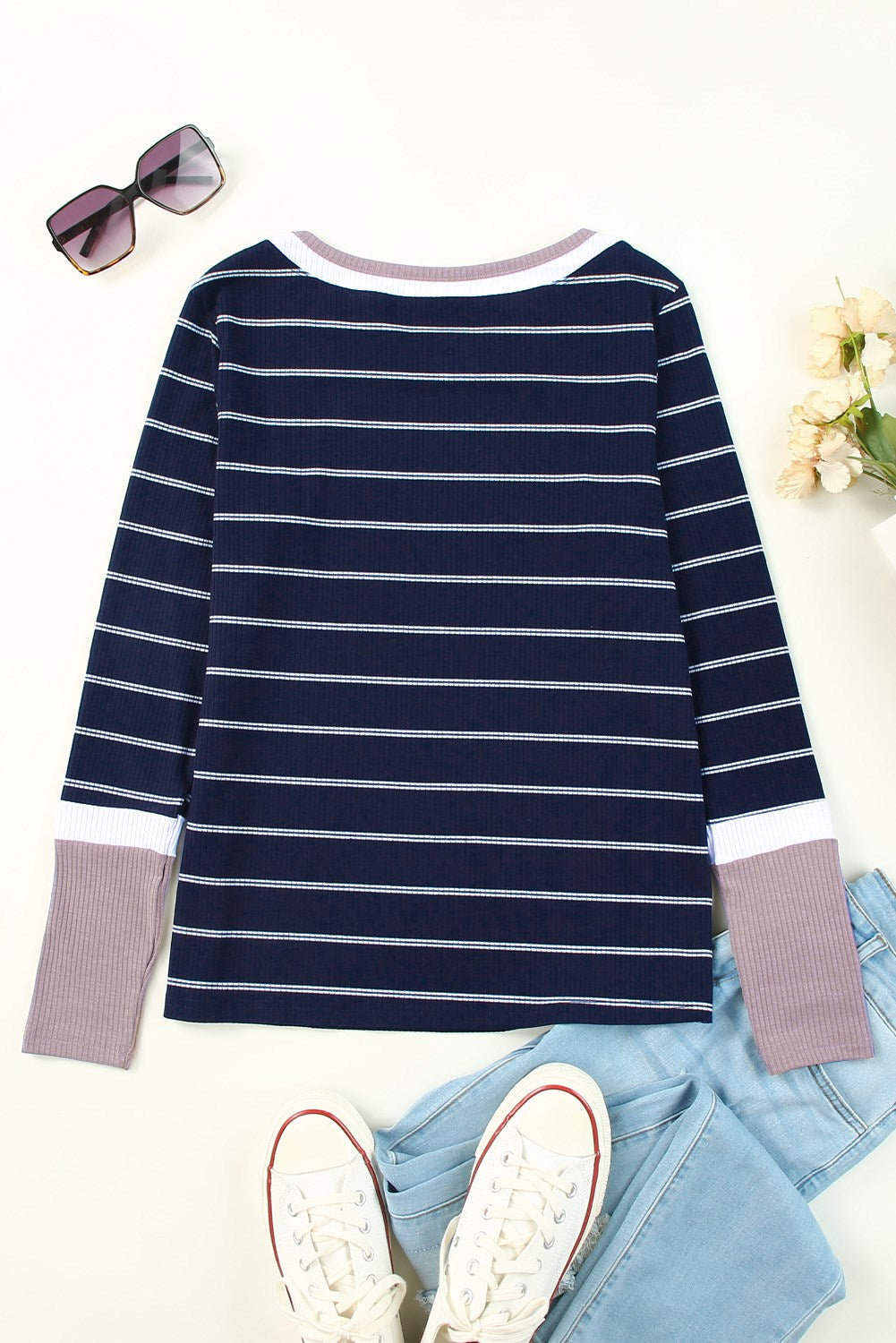 Extended Sleeve Striped Knit Top
