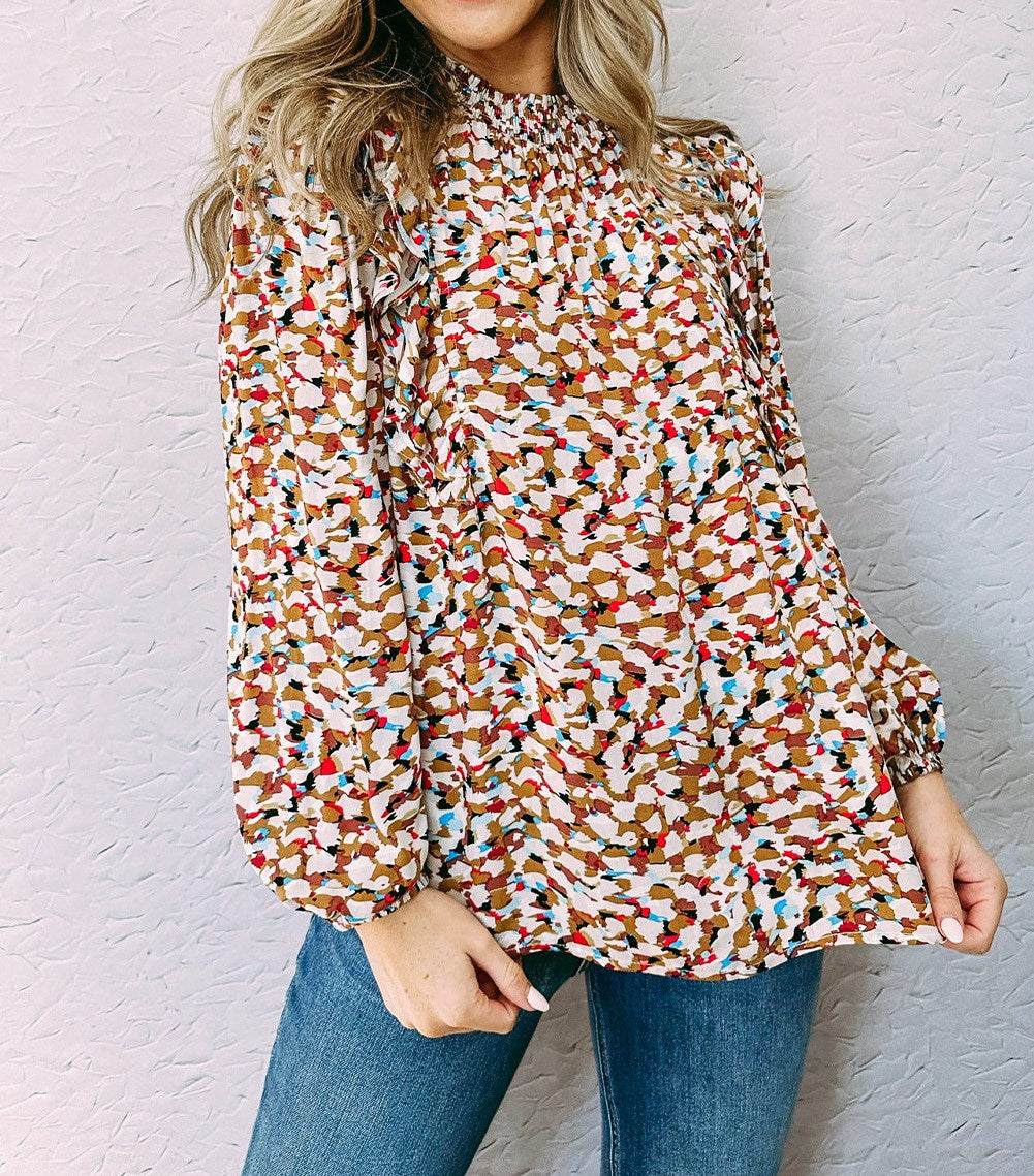 Gathered Neck Abstract Blouse Top