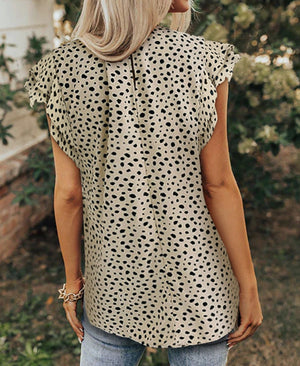 Gathered Neck Double Ruffled Sleeve Leopard Dotted Top