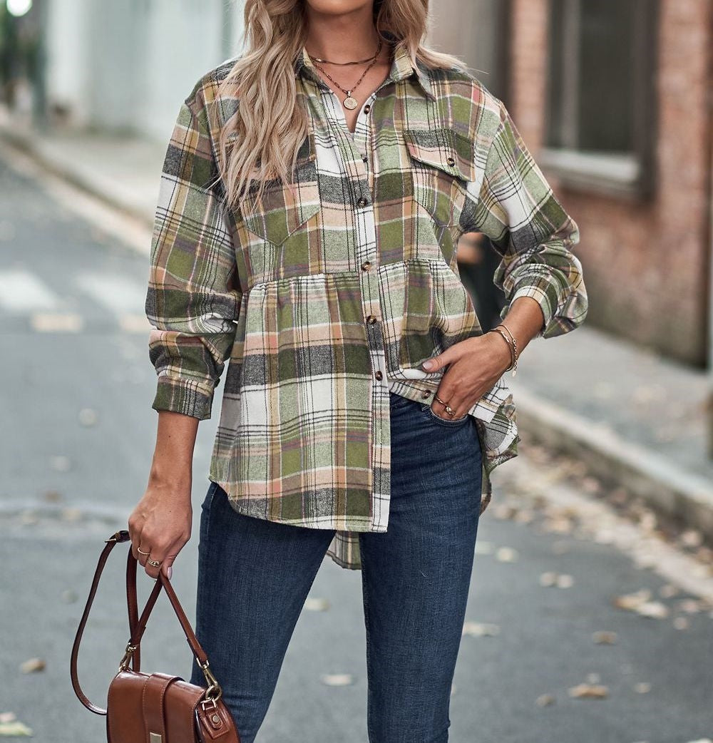 Gathered Plaid Pocket Top