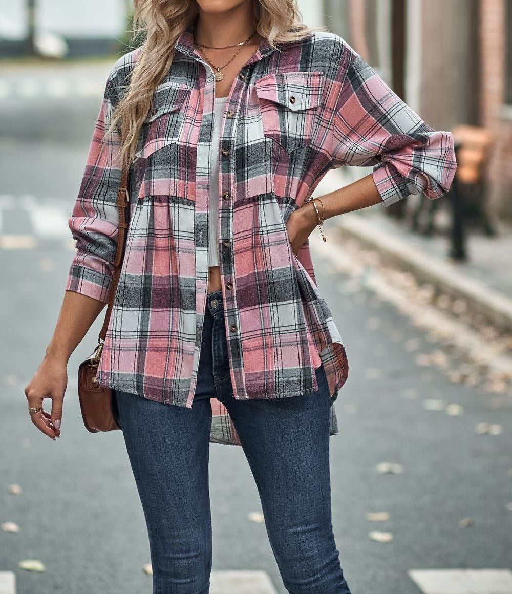 Gathered Plaid Pocket Top