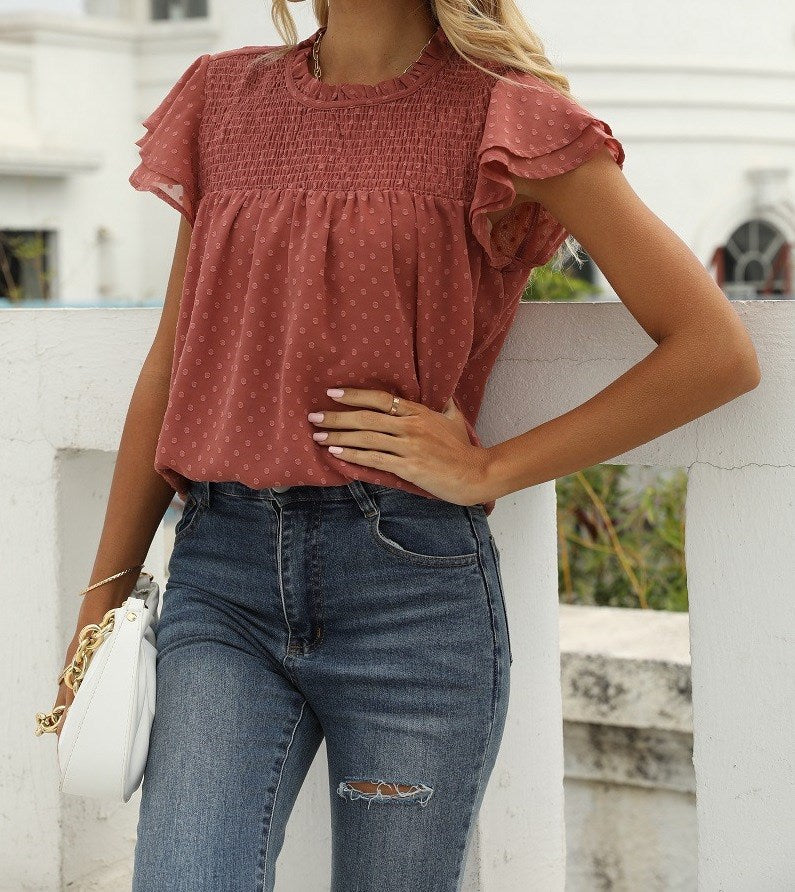 Gathered Ruffled Dotted Top