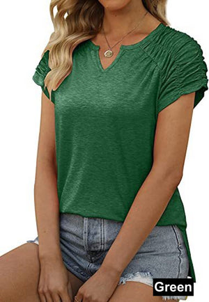 Gathered Shoulder Split V Neck Top