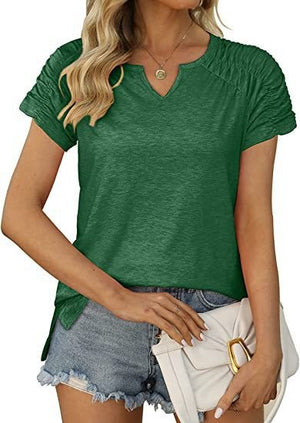 Gathered Shoulder Split V Neck Top