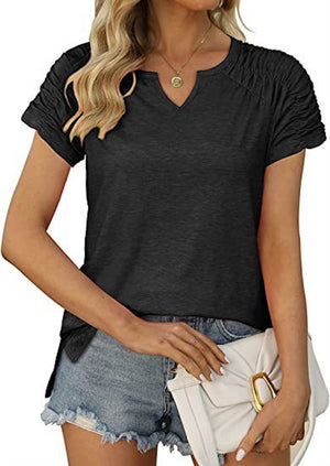 Gathered Shoulder Split V Neck Top