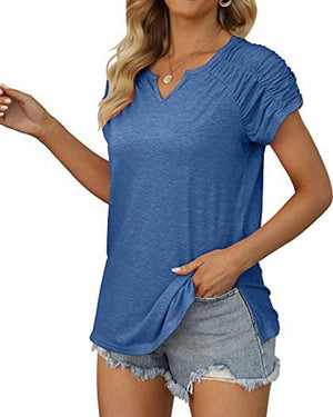 Gathered Shoulder Split V Neck Top