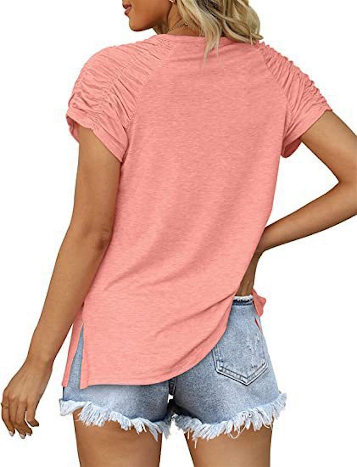 Gathered Shoulder Split V Neck Top