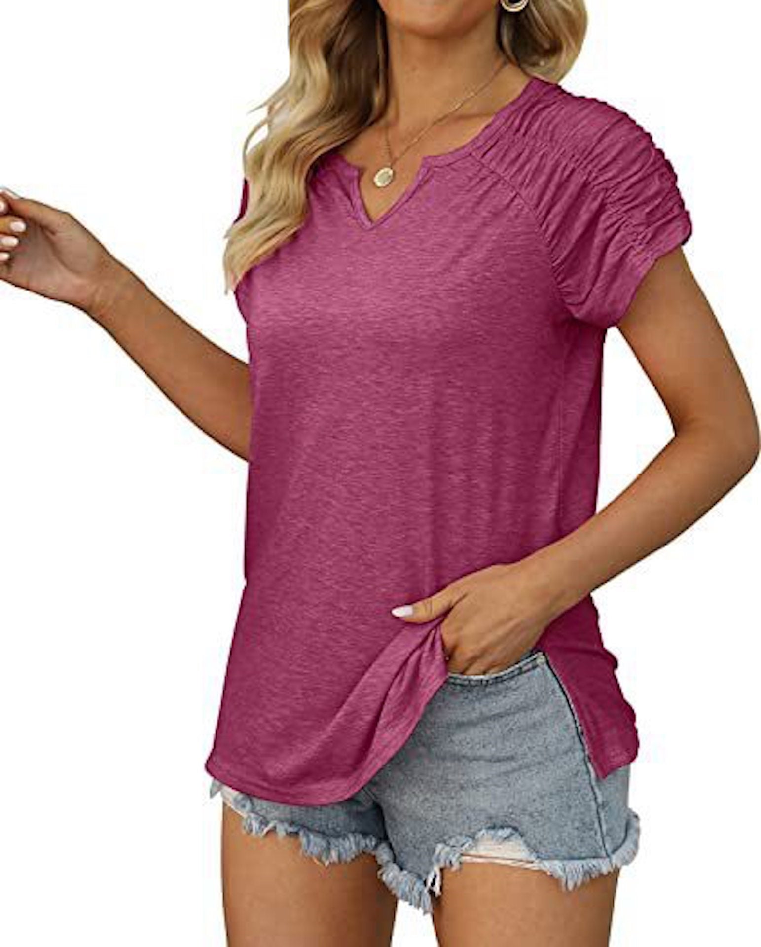 Gathered Shoulder Split V Neck Top