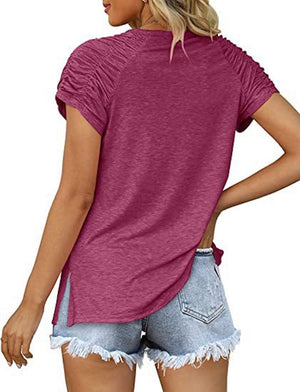 Gathered Shoulder Split V Neck Top