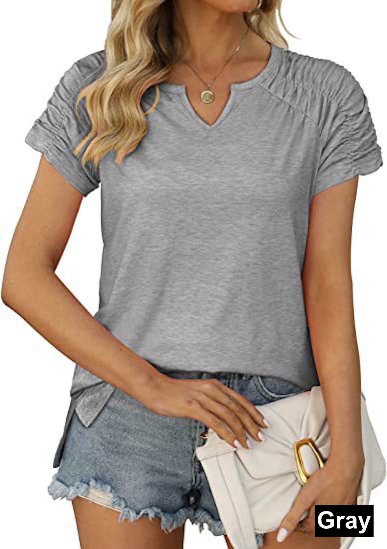 Gathered Shoulder Split V Neck Top