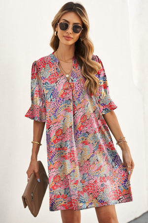 Half Sleeve V Neck Floral Dress