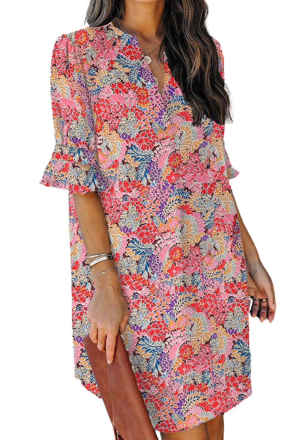 Half Sleeve V Neck Floral Dress