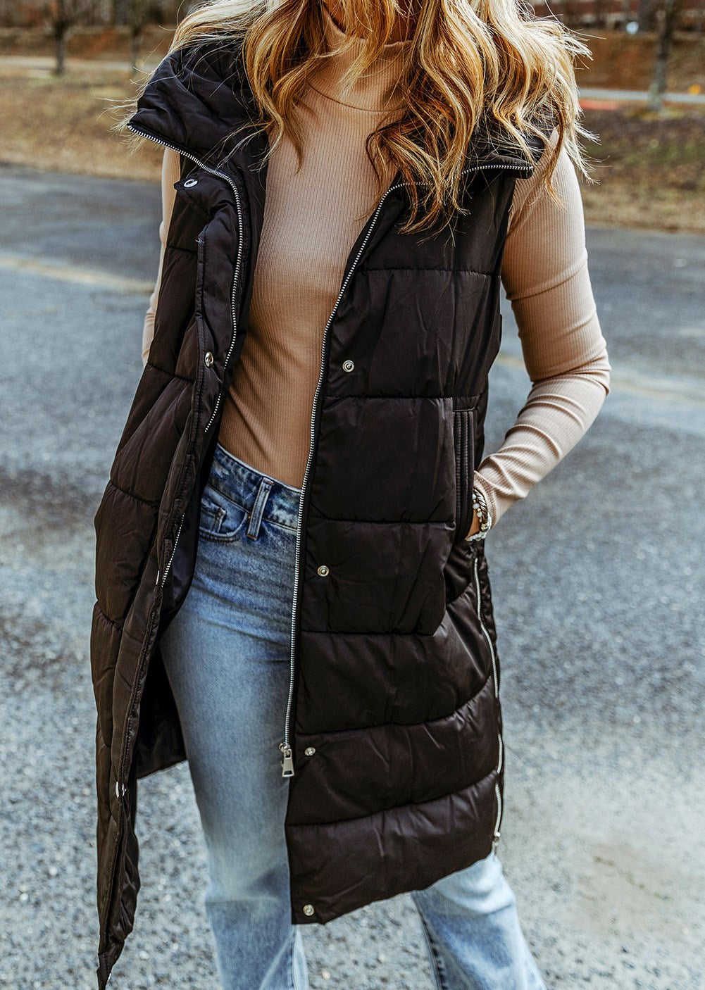 Hooded Long Puffer Vest Quilted Sleeveless Coat