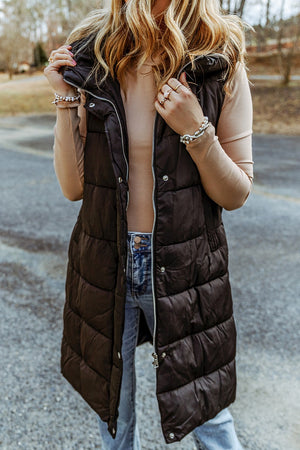 Hooded Long Puffer Vest Quilted Sleeveless Coat