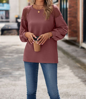 Lace Shoulder Bubble Sleeve Waffle Top