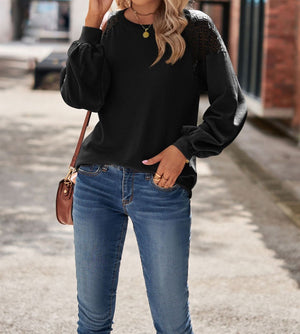 Lace Shoulder Bubble Sleeve Waffle Top