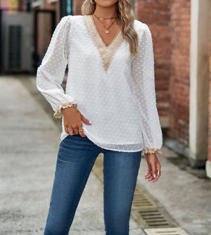 Lace Trim V-Neck Dotted Top