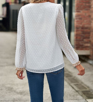 Lace Trim V-Neck Dotted Top