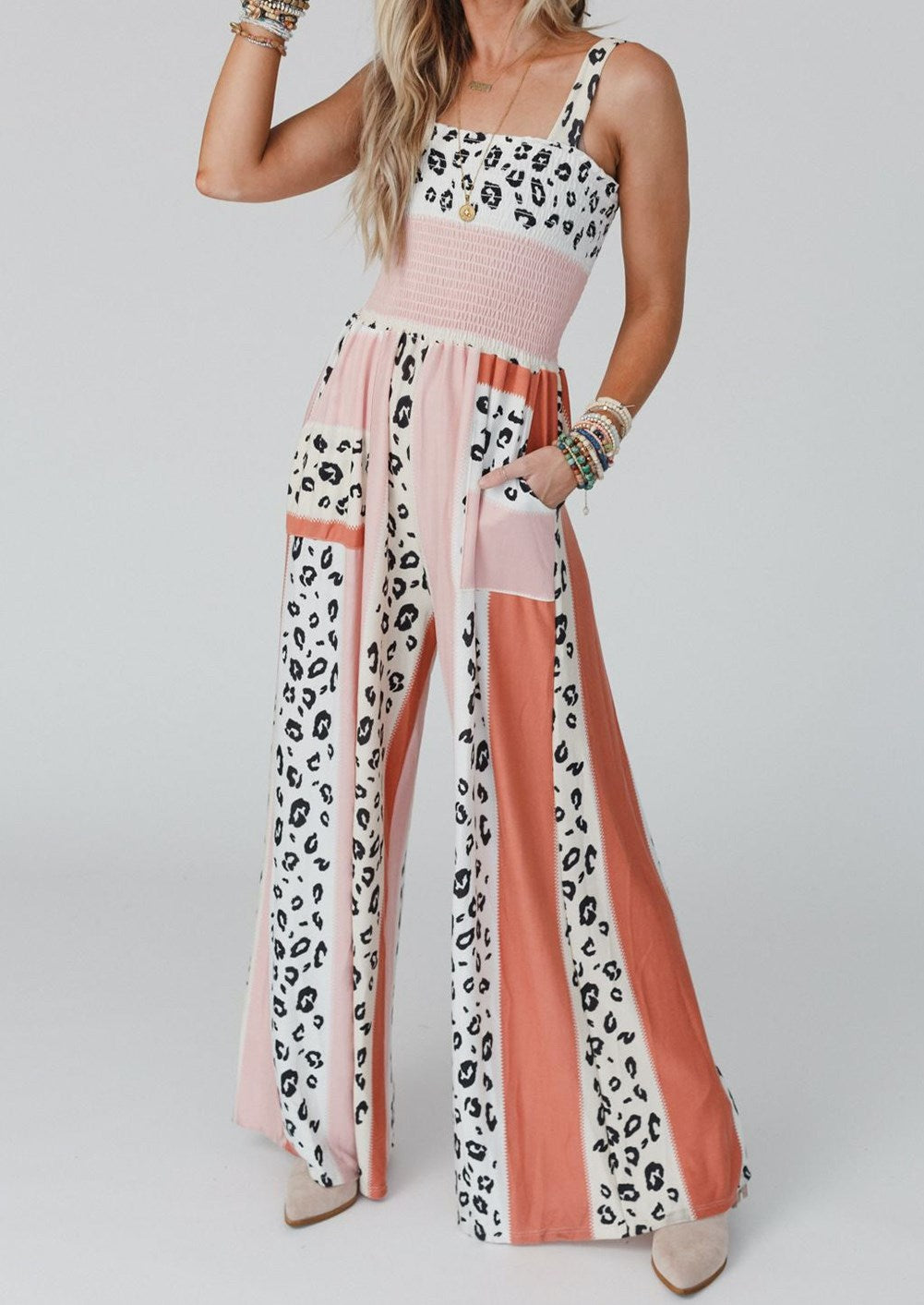 Leopard Colorblock Smocked Pocket Jumpsuit