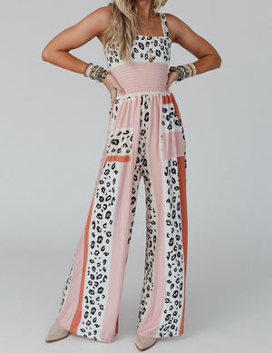 Leopard Colorblock Smocked Pocket Jumpsuit