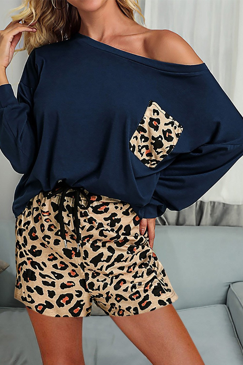 Long Sleeve Leopard Shorts Set