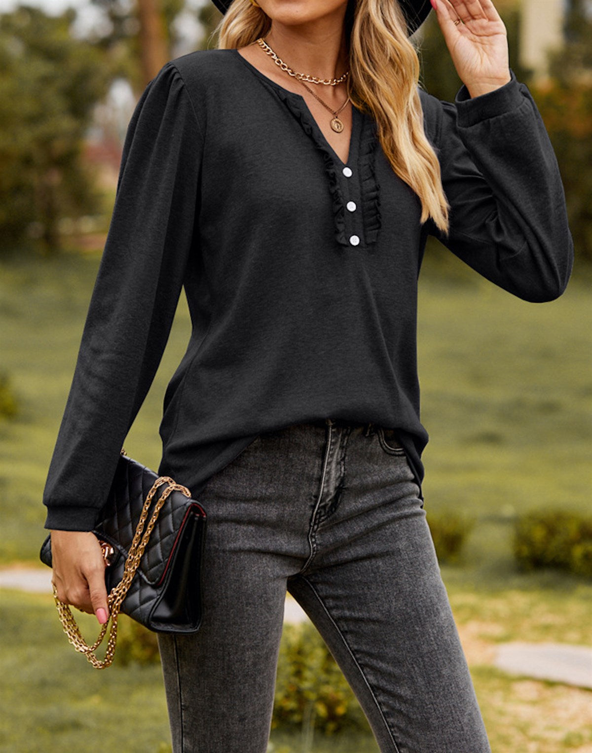 Long Sleeve Ruffled Henley Top