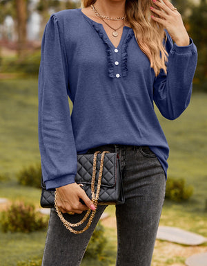 Long Sleeve Ruffled Henley Top