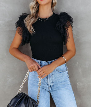 Mesh Sleeve Ribbed Knit Top