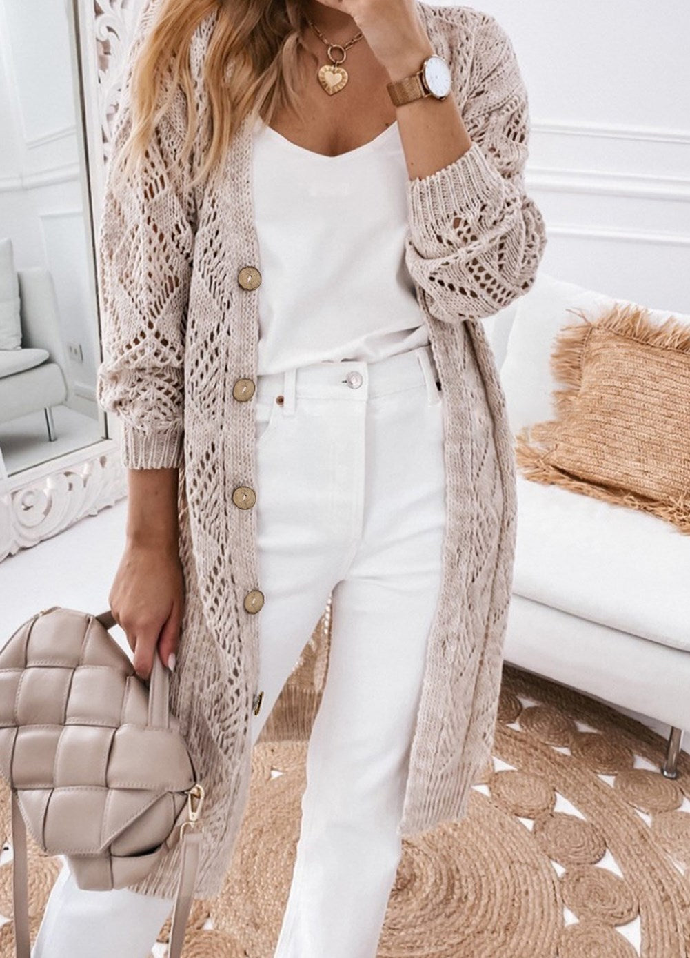 Open Weave Eyelet Knit Long Cardigan